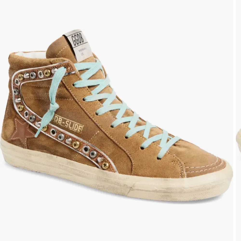 Golden Goose Tan High-Top Sneakers with Blue Laces